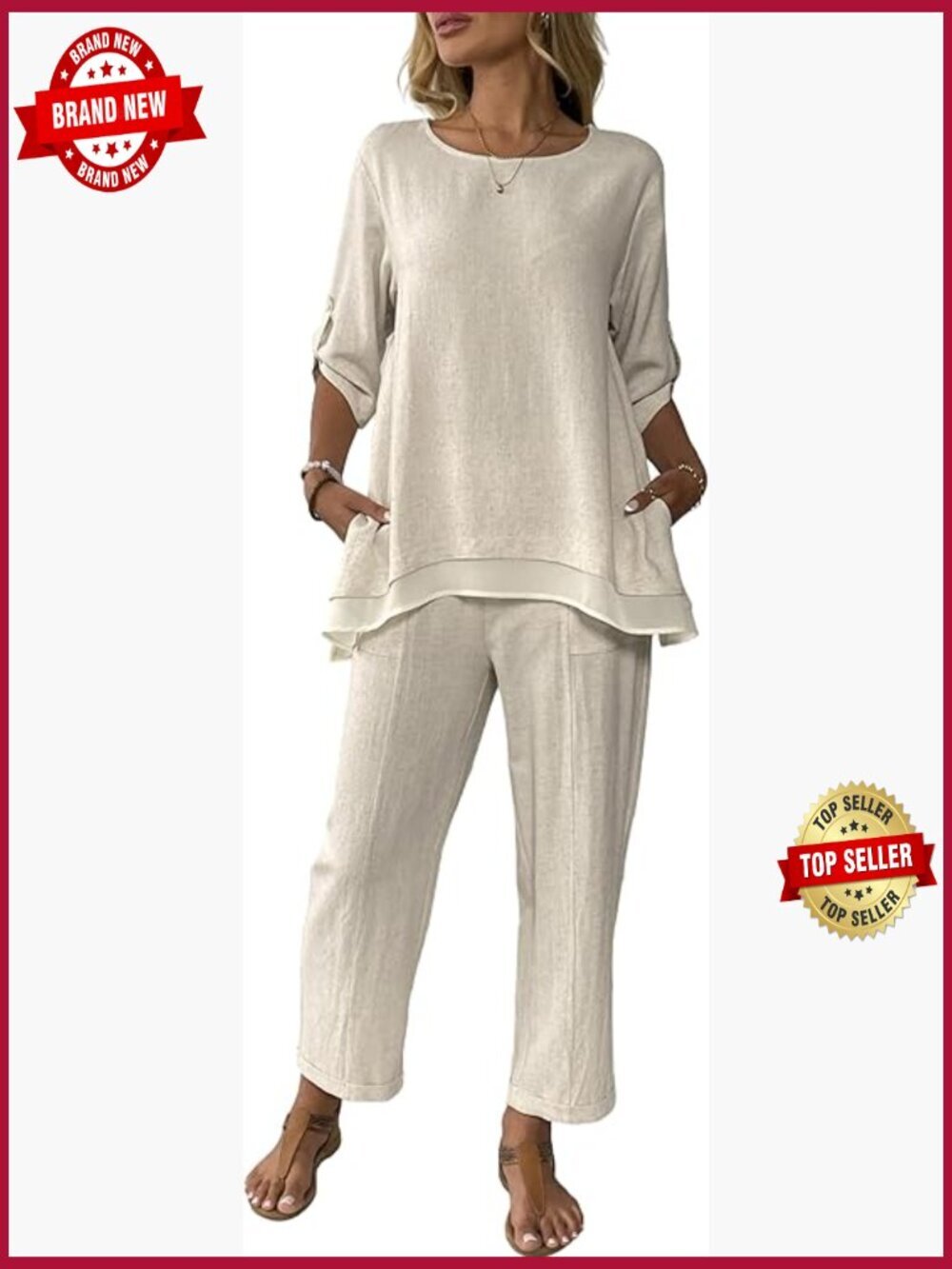 Linen 2 Piece Outfits Rolled Sleeve Top Wide Leg Pant Suit Summer Casual Dressy
